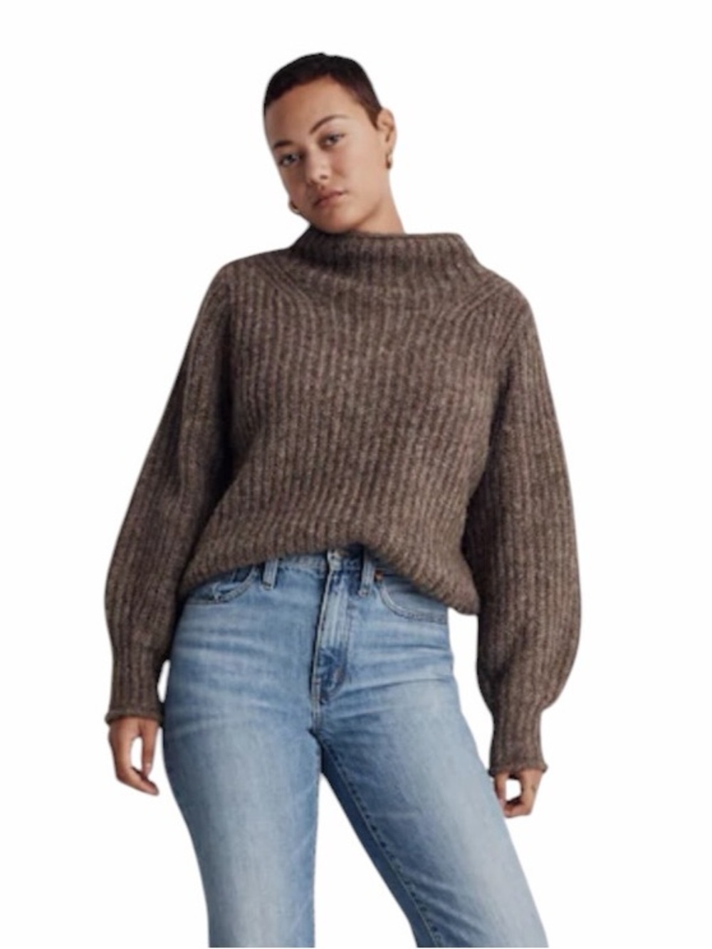 Madewell Loretto Mockneck Pullover Ribbed Sweater Heather Otter Brown XS #2200
